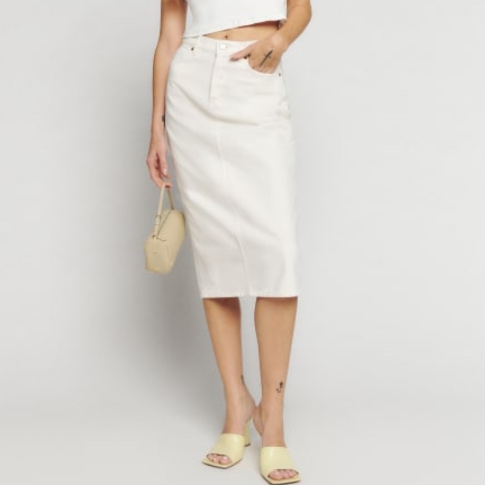 Reformation Jayde High Rise Denim Beige Midi Skirt